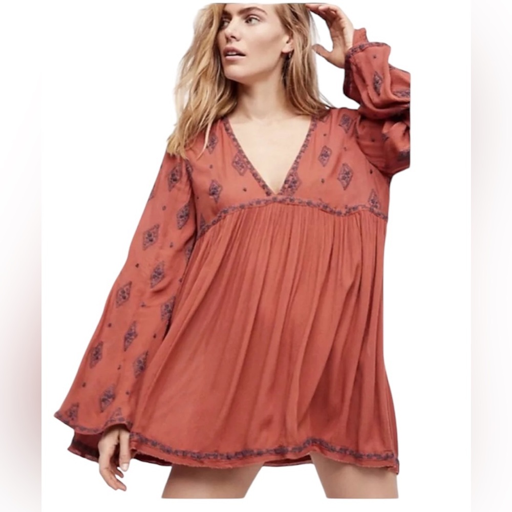 FREE PEOPLE Rustic Diamond Embroidered Tunic Top Small S Retail $148 #70